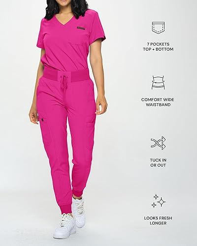 Miniatura 3 de Conjunto de ropa quirúrgica elástica para mujer, estilo jogger, en tallas regulares y pequeñas, con parte superior metida por dentro