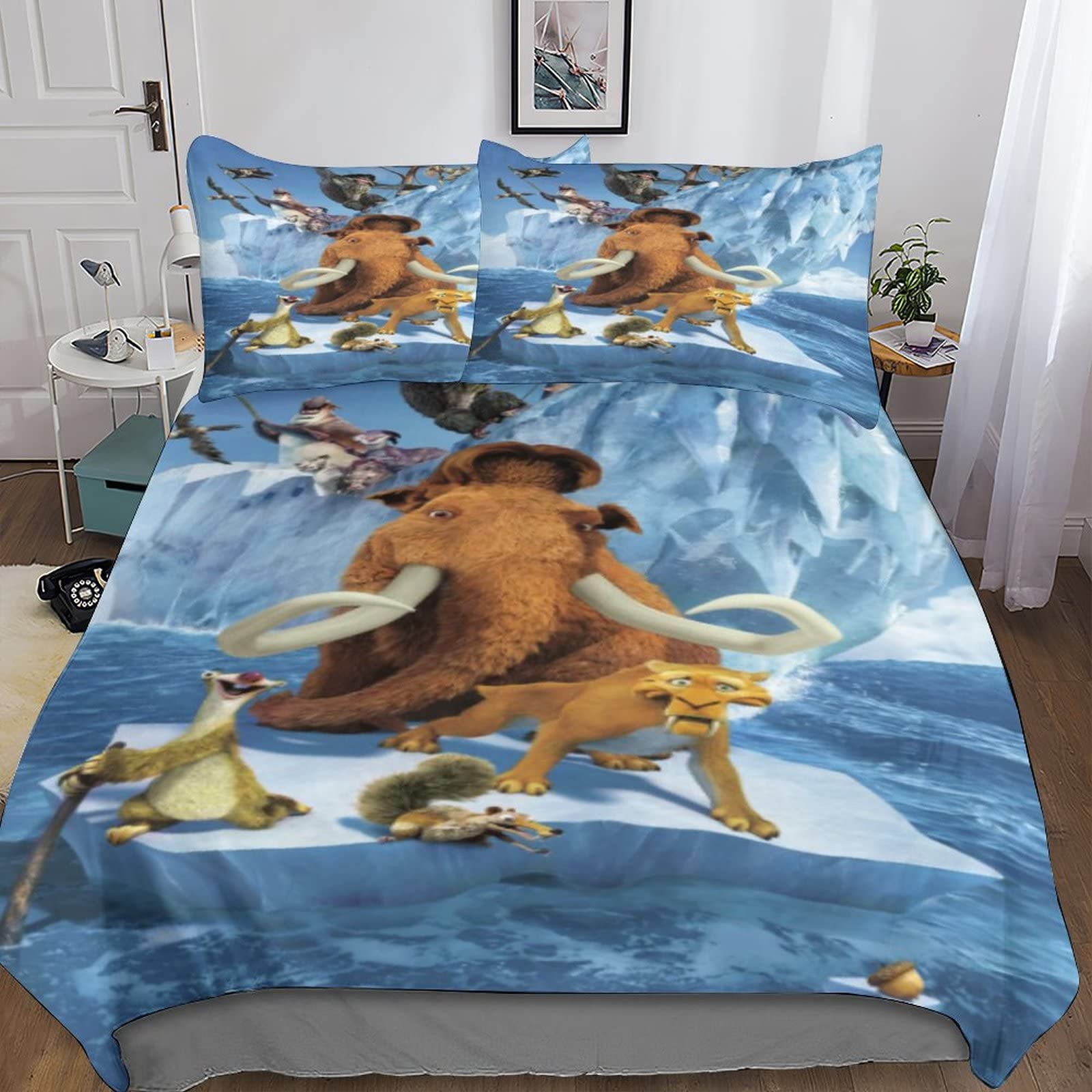 INDYAH Ice Age Duvet Cover Set 3D Bedding Set Animation Comforter Cover Set Bedspread Cover Microfiber 3 Piece Set Quilt Cover with Zipper Closure Soft Double（200x200cm）