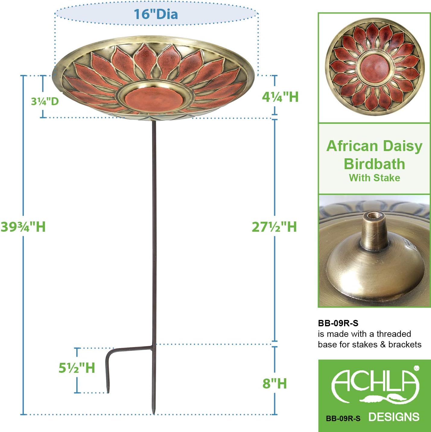 Achla Designs African Daisy Birdbath Bowl, Red with Stake