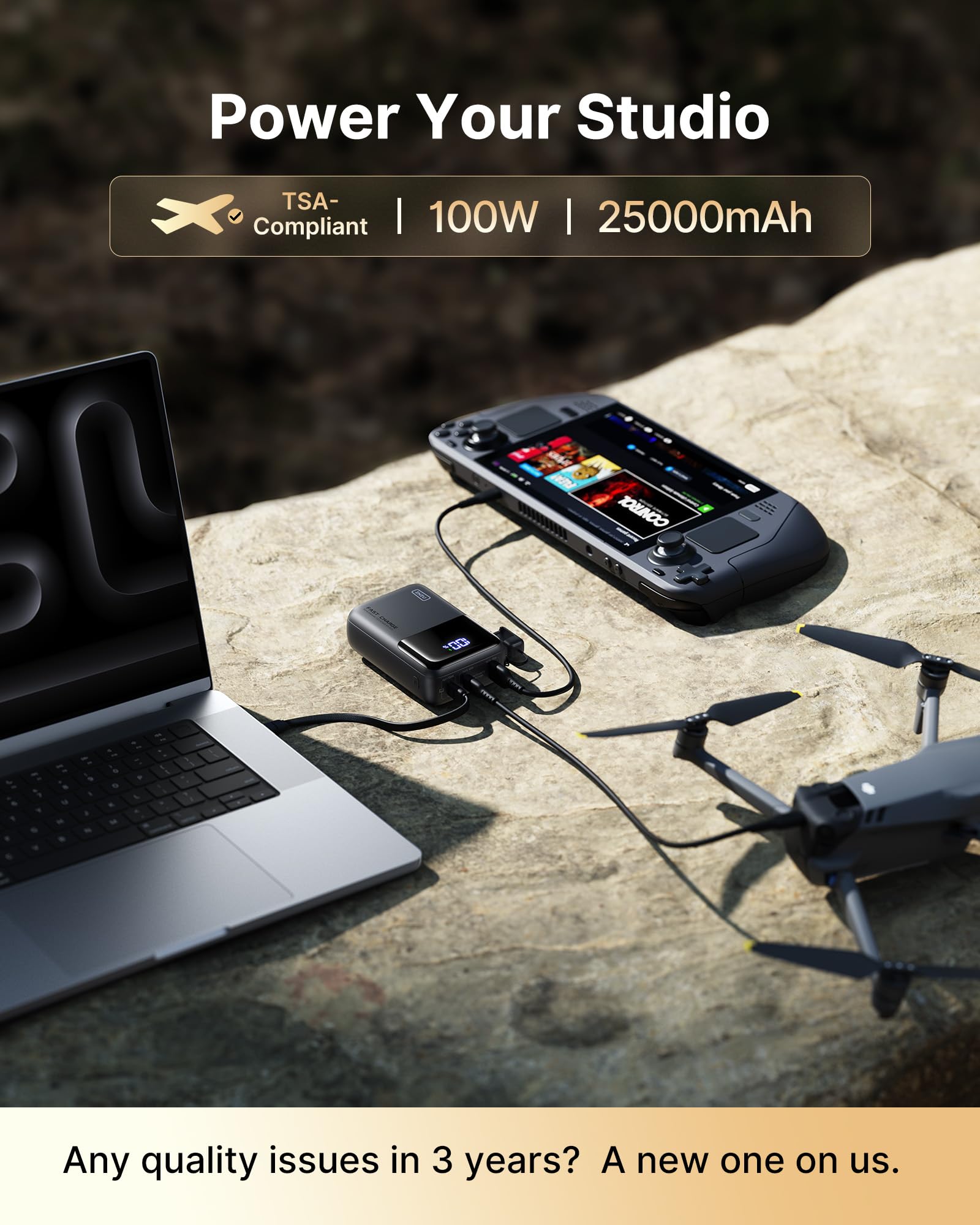 INIU 100W Laptop Power Bank, Ultra Kompakt 25000mAh Schnellladung Powerbank | Angebrachtem USB C Kabel, Flugtauglich, Reise-Essential, für MacBook, Steam Deck, iPhone 17/16/15 Pro, Samsung, iPad uvm