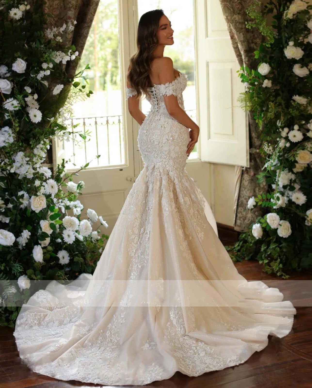 TSxuelian Vestidos de novia de sirena con hombros descubiertos para mujer, apliques florales, vestidos de novia de boda