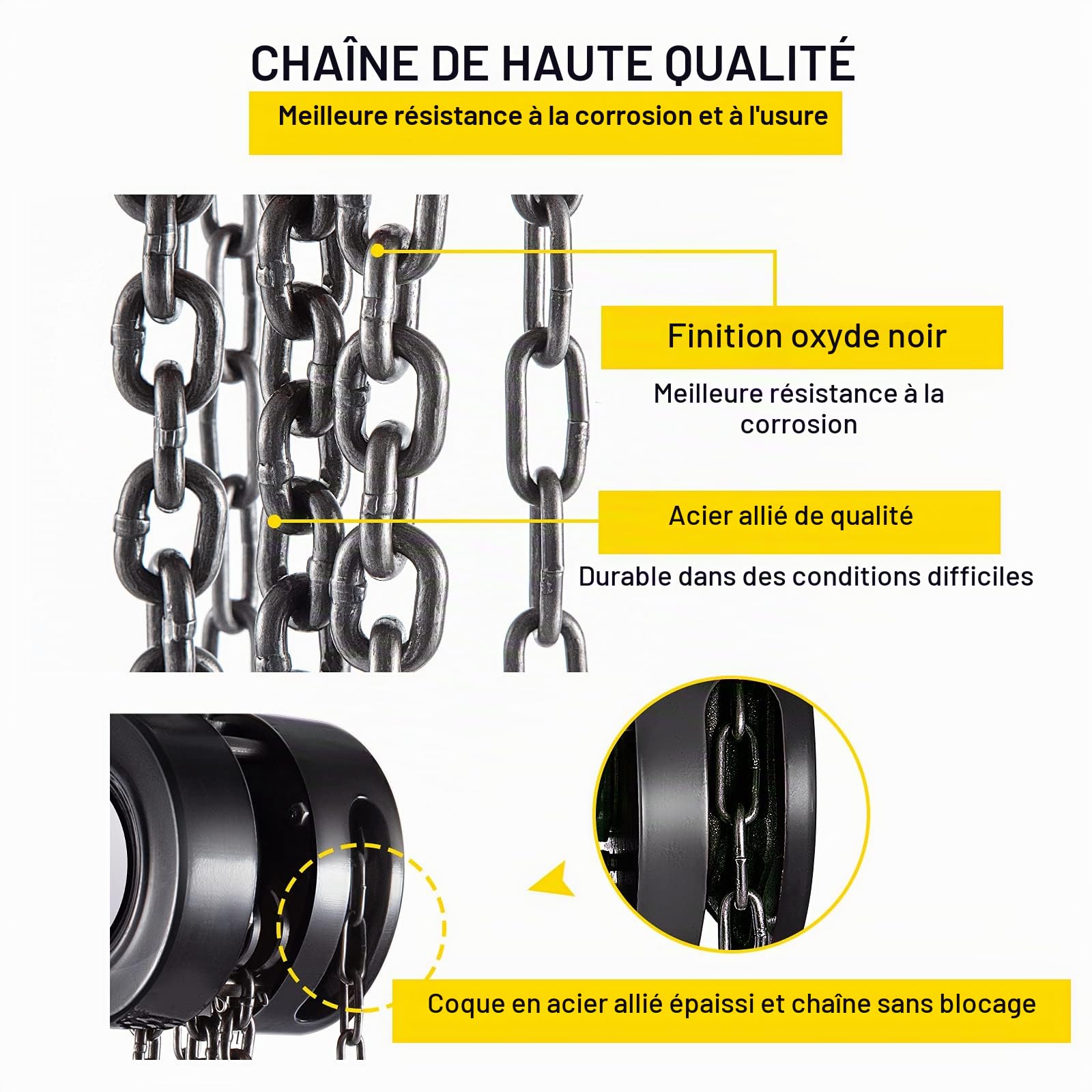 VEVOR Palan à chaîne manuel, capacité de 1 t, bloc de chaîne manuel de levage de 3 m, avec construction en acier de qualité industrielle pour le levage de biens dans le transport et l'atelier, noir