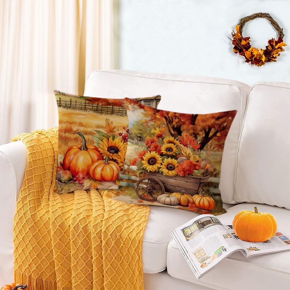 Thanksgiving Pillow Covers Set Of 4 - 18x18" Linen Pumpkin Fall Decor For Couch