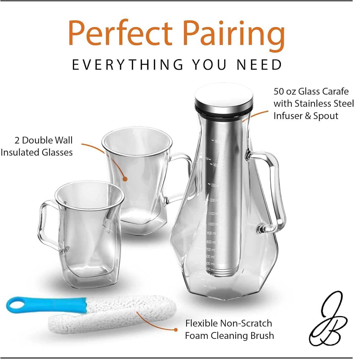 James Bentley Complete Cold Brew Coffee Set – Cold Brew Coffee Maker Glass for Hot and Cool Drinks, Fridge Friendly — Glass Carafe, Stainless Steel Infuser, Double Wall Cups x2, & Cleaning Brush