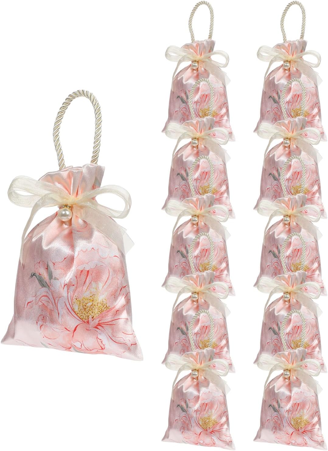 Liobelon 10 Pieces Floral Satin Gift Bags with Handles, Tea Party Favor Bags Jewelry Pouches with Drawstring Thank You Gift Bag, Small Candy Boxes for Birthday Wedding Bridal Baby Shower (Pink)