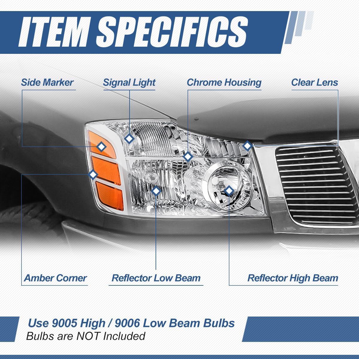 Auto Dynasty NI2503154 Fatcory Style Halogen Headlight Assembly Compatible with Nissan Armada Pathfinder Titan 2004-2007, Passenger Right Side, Chrome Housing Amber Corner