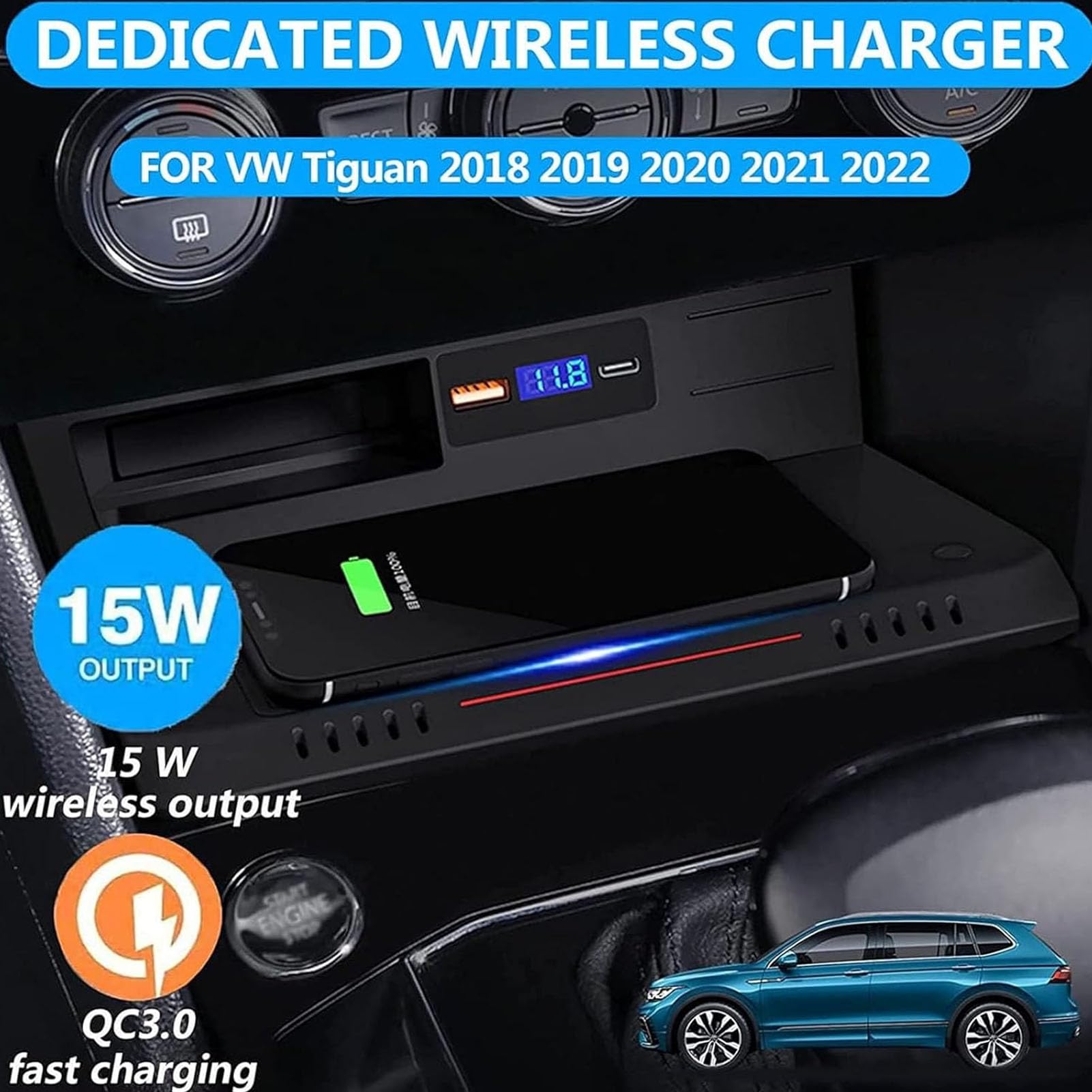 Bezprzewodowa ładowarka Samochodowa do VW Tiguan 2017-2022,15W Qi Szybkie ładowanie Telefonu Pad ładowarka Do Konsoli środkowej Akcesoria do Każdego Telefonu Kompatybilnego Z Qi
