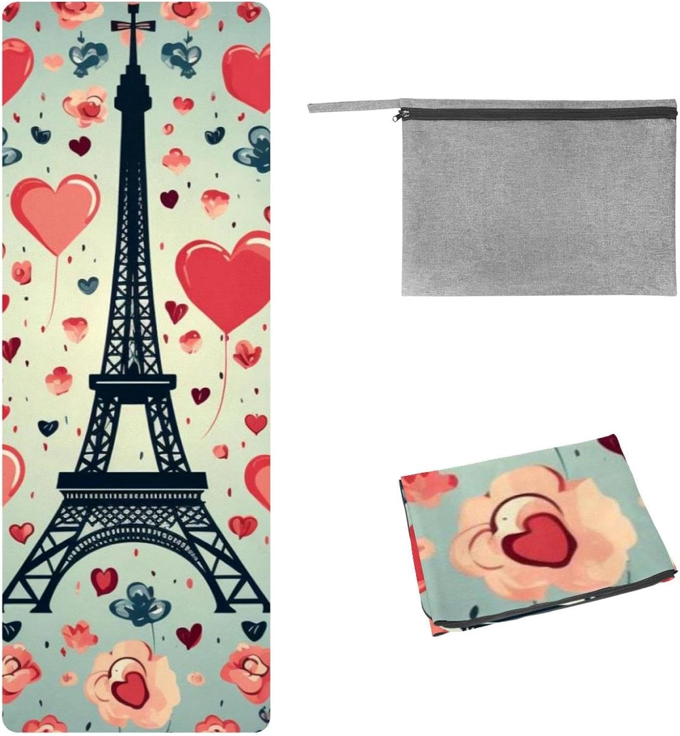 Yoga Towel, Eiffel Tower Valentine's Day Pattern Non Slip Sweat Absorbent Hot Yoga Mat Towel for Hot Yoga, Pilates and Fitness - 72.8" x 26.8"
