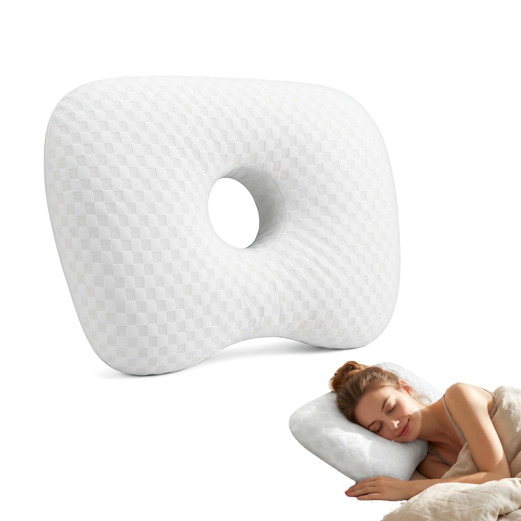 Ear Piercing Pillow with Hole, Side Sleeper Pillow for Piercing Headphone