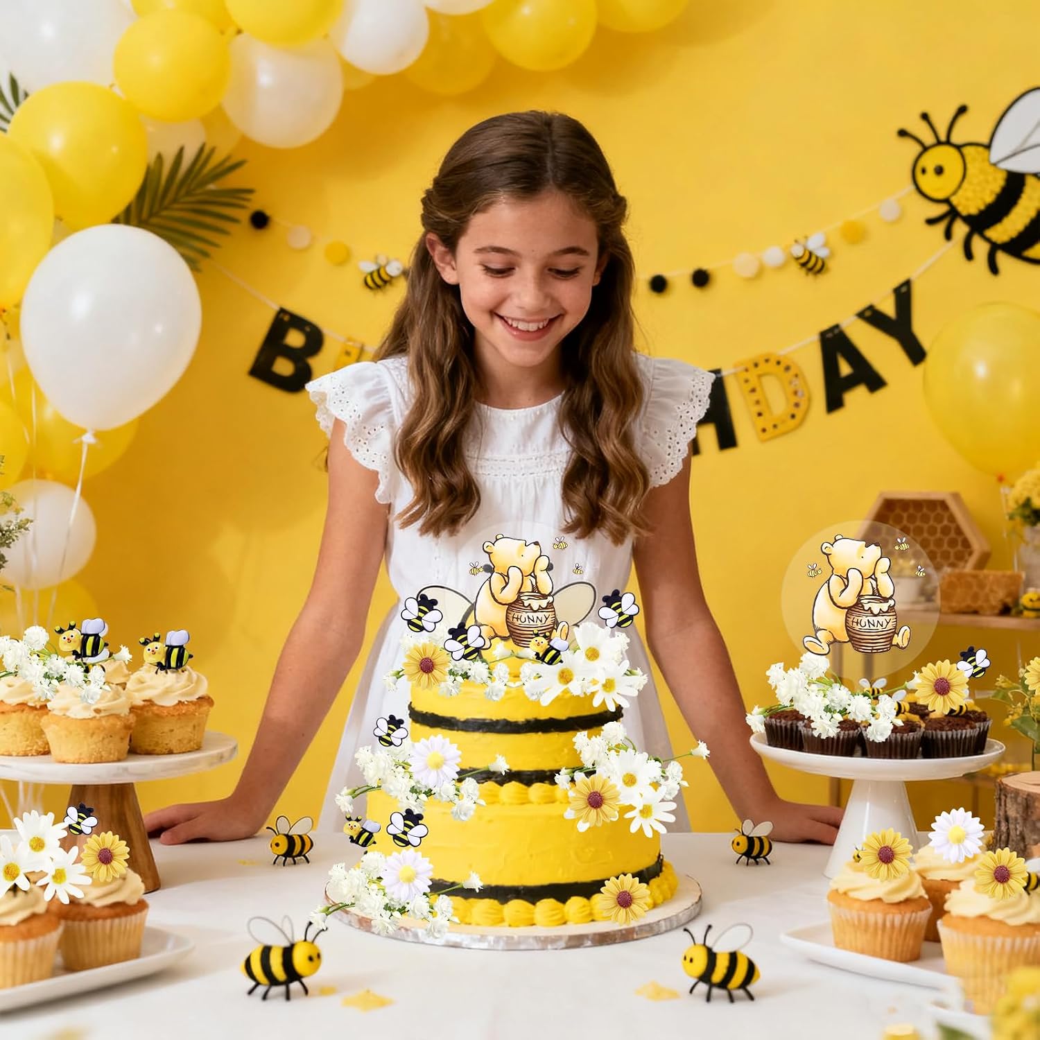 MEMOVAN Winnie Bear Cake Topper Winnie Bee Cake Decorations Pooh Bear Toppers Little Figurine Bee Cupcake with Classic Pooh Bees Daisys Sunflower for Oh Baby Bees Theme Shower Birthday Party