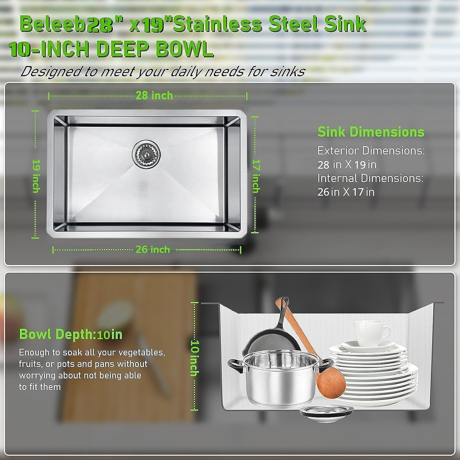 Undermount Kitchen Sink 28 x 19",3D Embossed Surface-18 Gauge 10" Deep Stainless Steel Single Bowl with Accessories