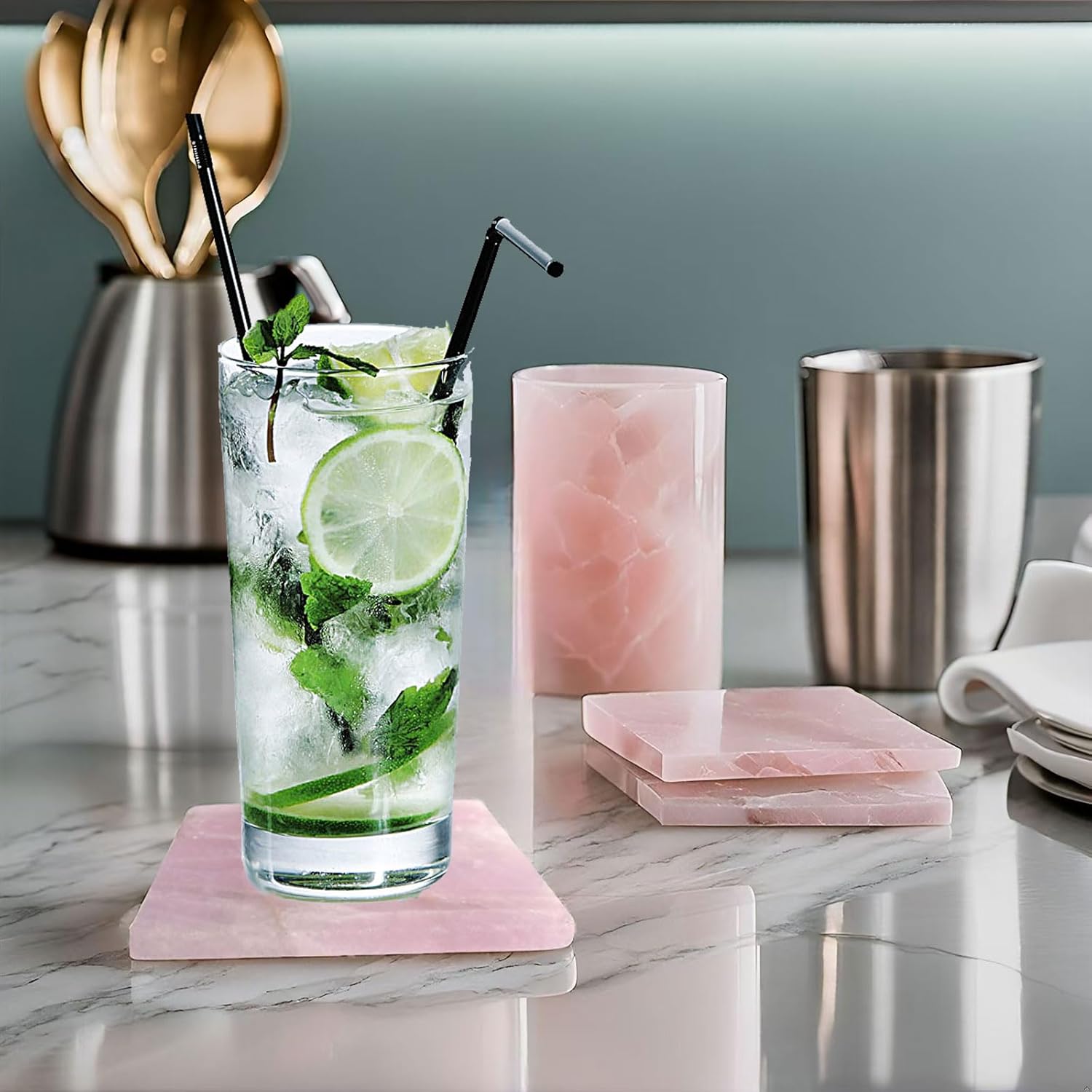 Rose Quartz Decor Coaster 4-5", Natural Pink Crystal Coasters Set of 4 Square Stone Coaster