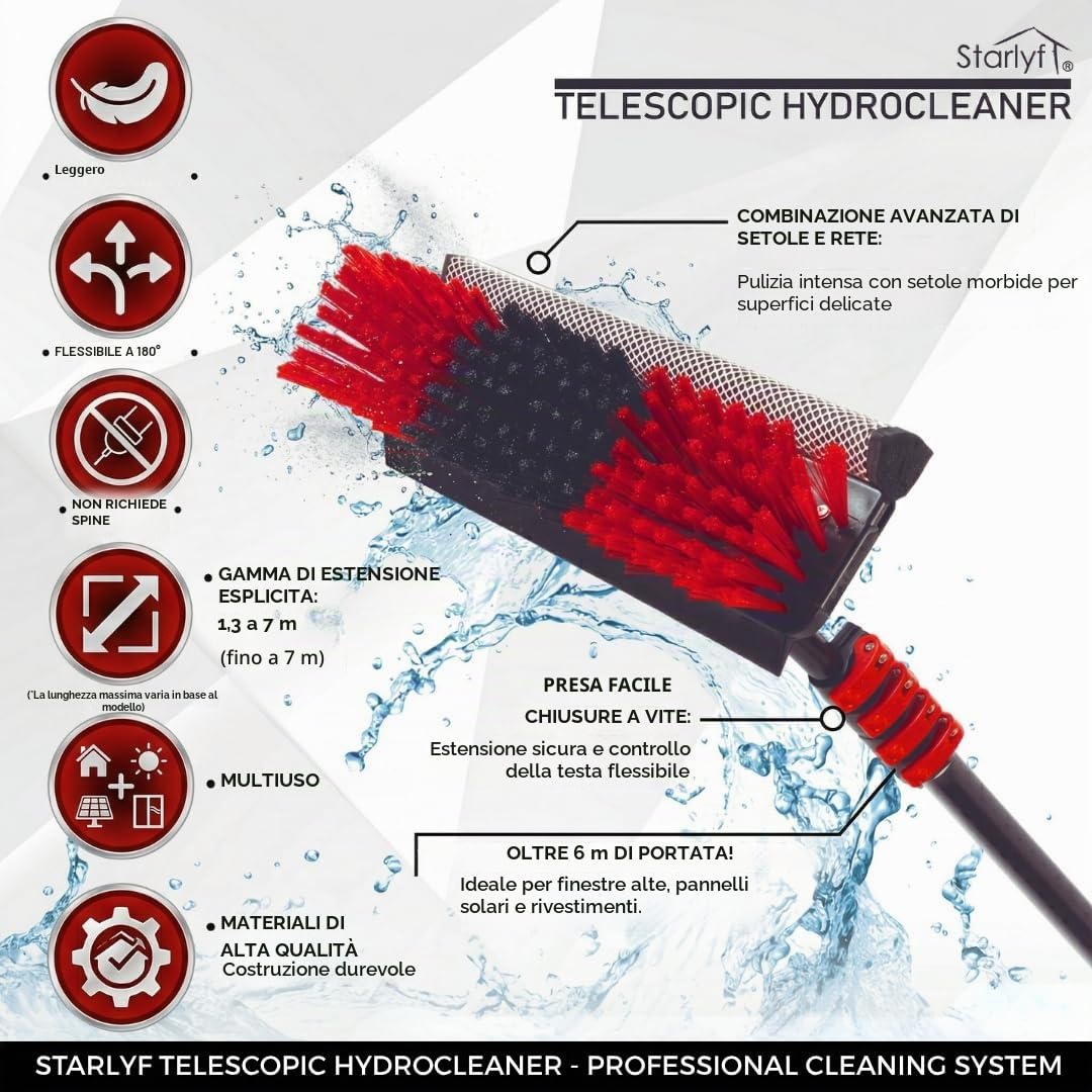STARLYF Telescopic Hydrocleaner - 4,6Mts – Scopa di Pulizia Telescopica Portatile per Auto, Giardino, Terrazzo e Pannelli Solari, Palo Estensibile, Alta Pressione, Facile da Usare