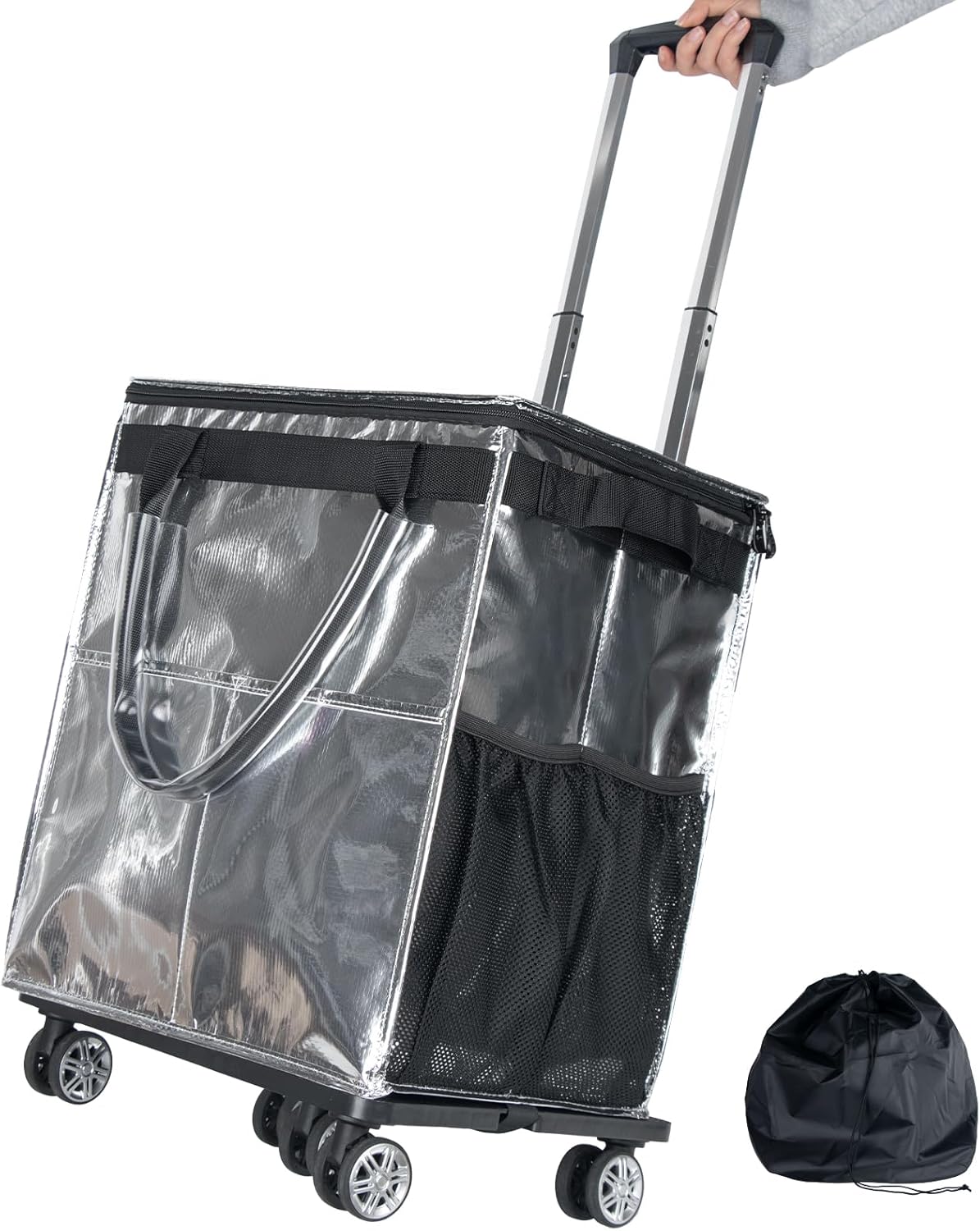 Reusable Grocery Bags on Wheels, Rolling Tote, 54L Portable Shopping Cart for Groceries with Wheels and Drawstring Bag, Trolley, Foldable, Silver