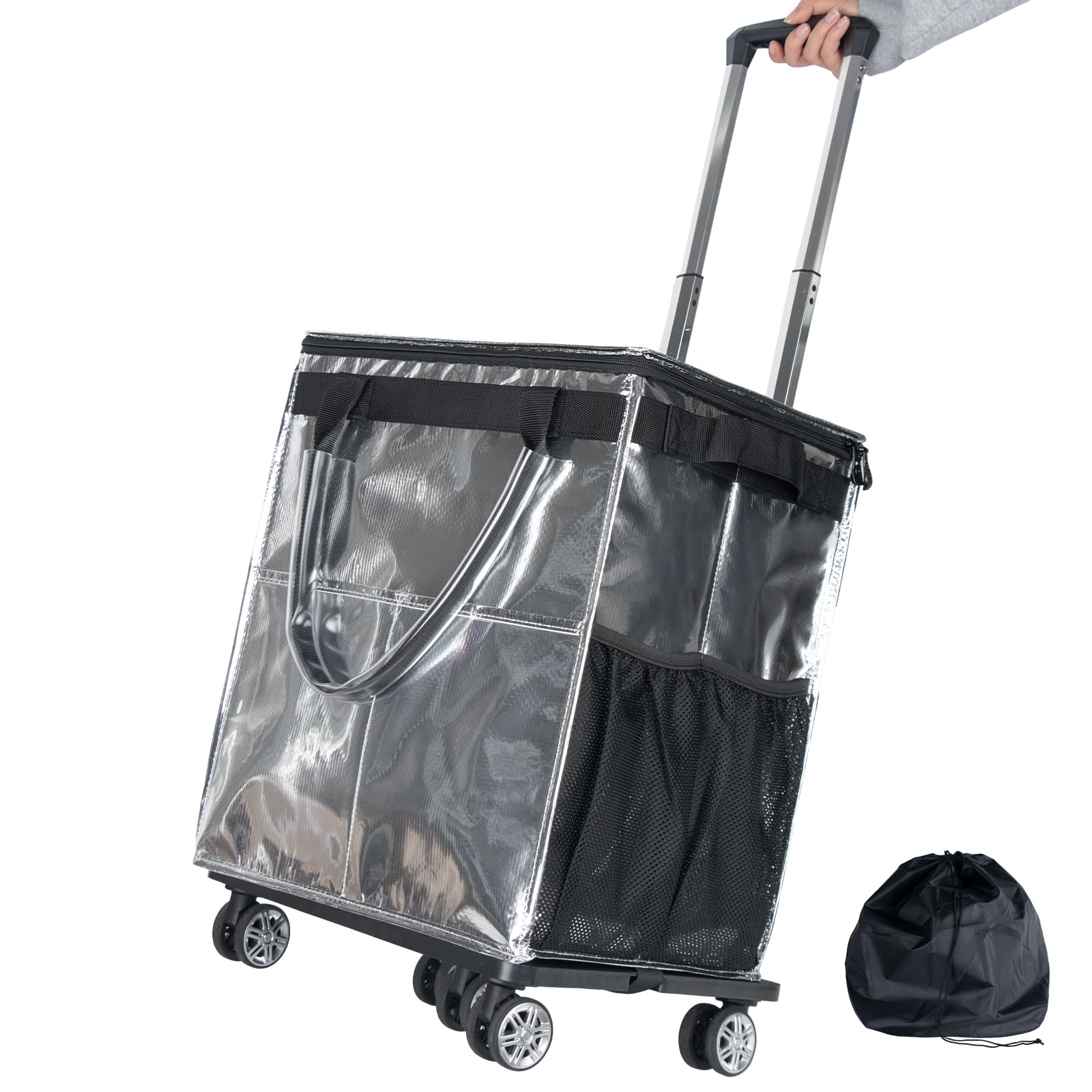Reusable Grocery Bags on Wheels, Rolling Tote, 54L Portable Shopping Cart for Groceries with Wheels and Drawstring Bag, Trolley, Foldable, Silver