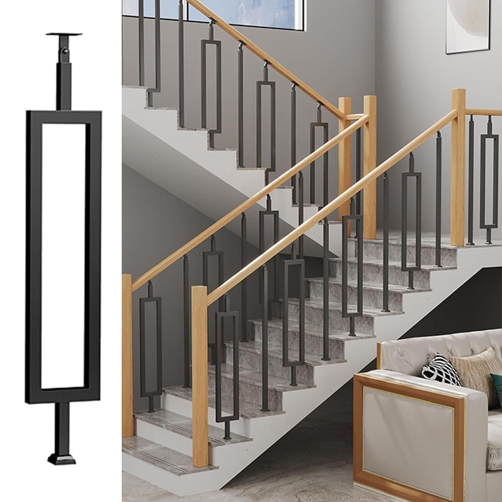 Adjustable Iron Stair Railing - Rectangular il with Non-Slip Support, Safe Stair Banister, Forged Iron Guardrail for Stairs