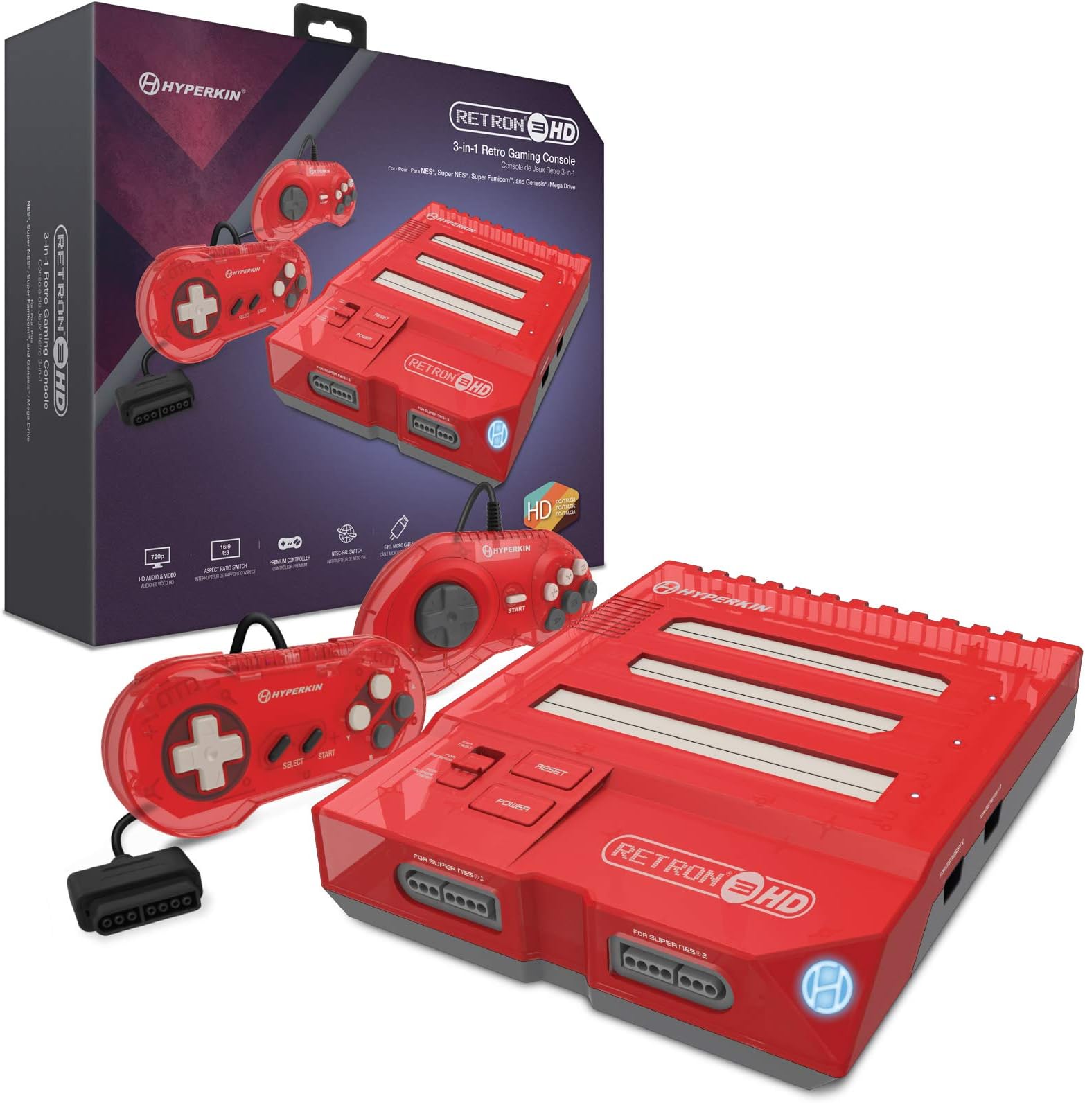 Hyperkin RetroN 3 HD 3-in-1 Retro Gaming Console for NES/Super Famicom/Genesis/Mega Drive/Super NES (SNES) -Jasper Red