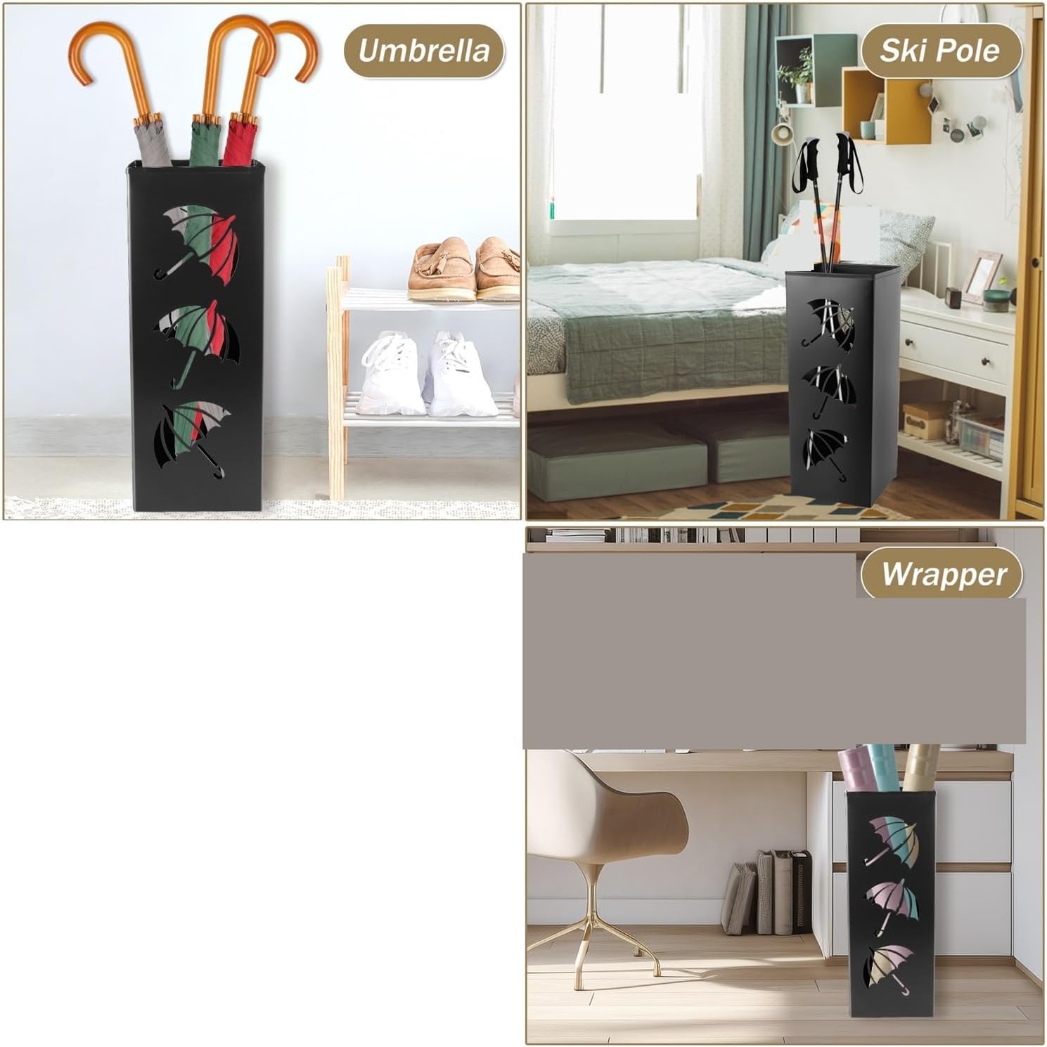 Umbrella Holder with Cable Support, Round Independent Storage Bucket, Metal Walking Stick Stand, Stylish and Durable Umbrella Stand (Color1)