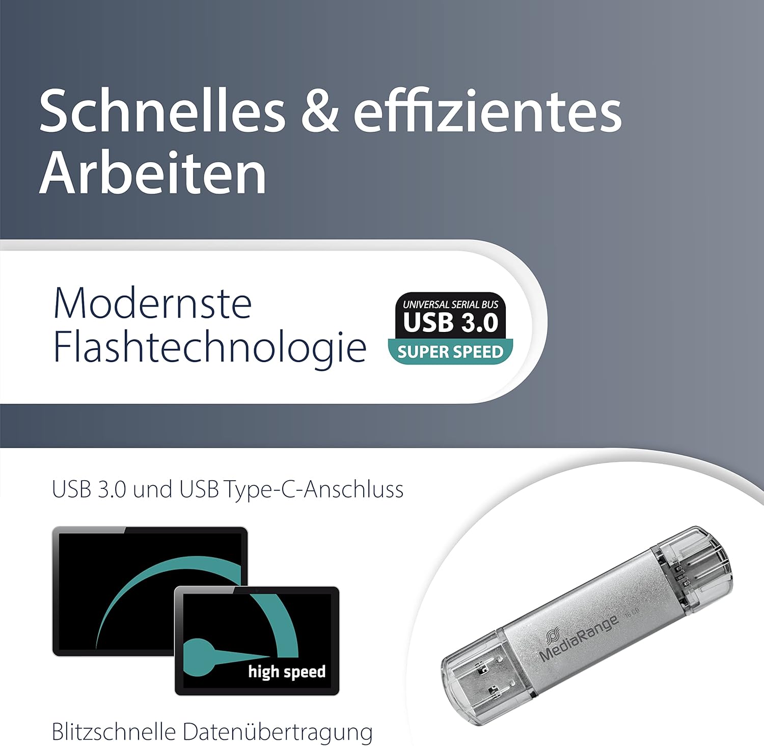 MediaRange MR937 USB Stick 64GB Silver Combo Flash Drive USB 3.1 + Type C
