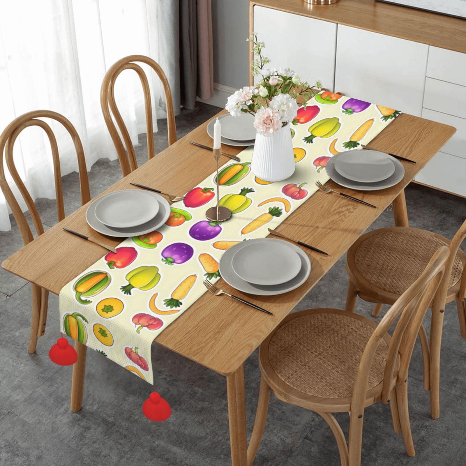 Chemin de table de salle à manger au motif dessin animé légumes fruits colorés