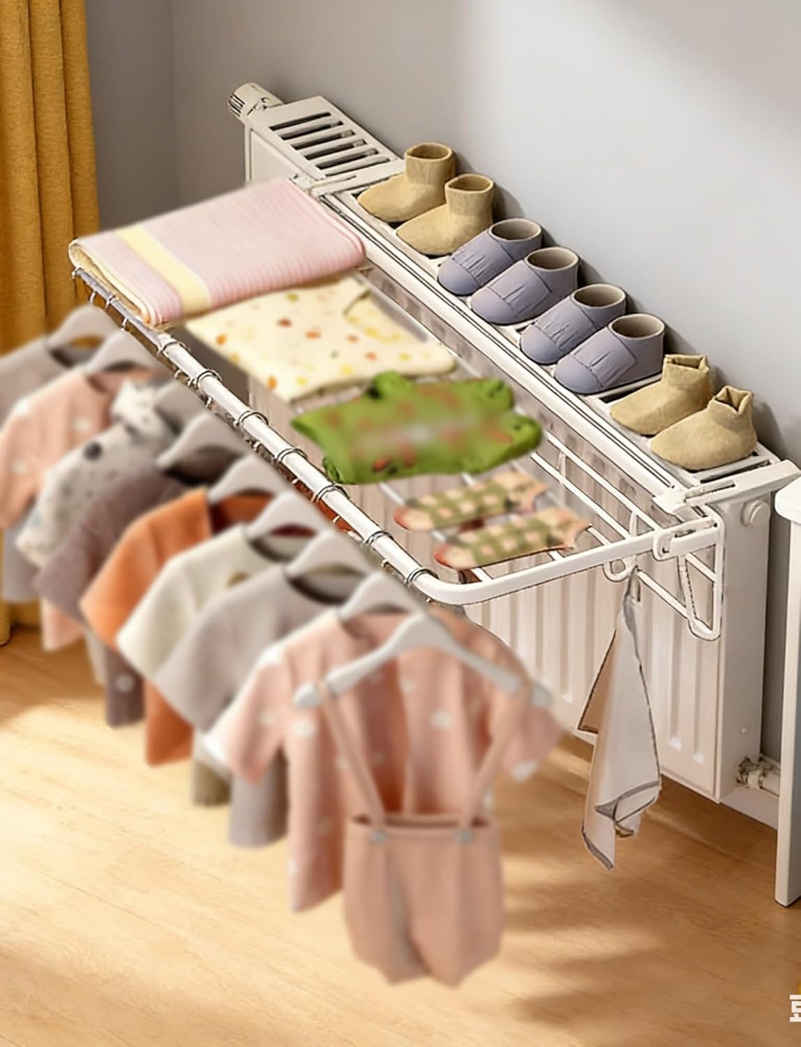 Portable Foldable Metal Radiator Shelf Drying Rack - 21.5in Clothes & Shoes Dryer for Home/Office - Space-Saving, Natural Finish, Ideal for Efficient Drying