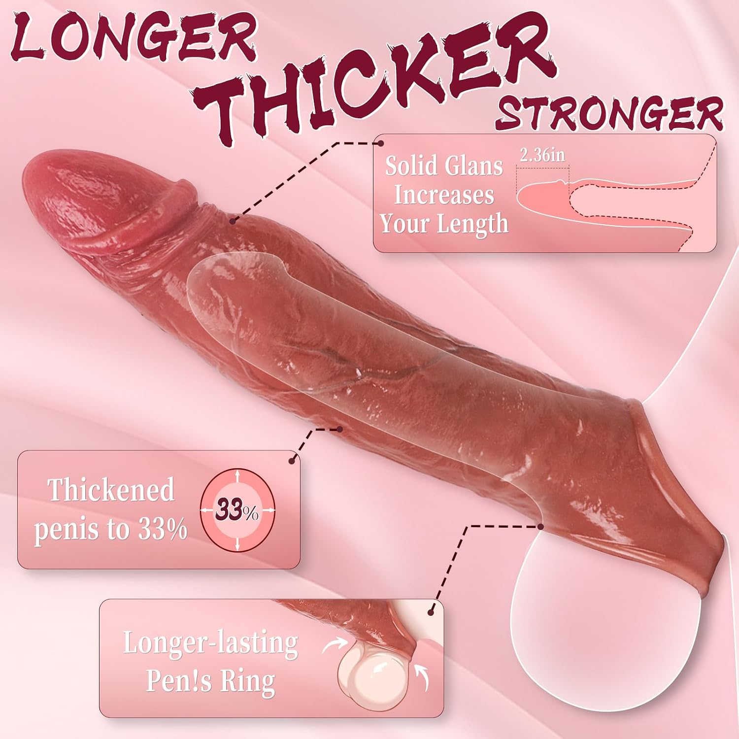 Realistic Penis Sleeve Sex Toys for Men, Reusable 8.6'' Silicone Cock Sleeve Enlarger with Thickened Testicle Penis Ring, Delay Ejaculation Enhance Erection Penis Extender Male Couples Adult Toys