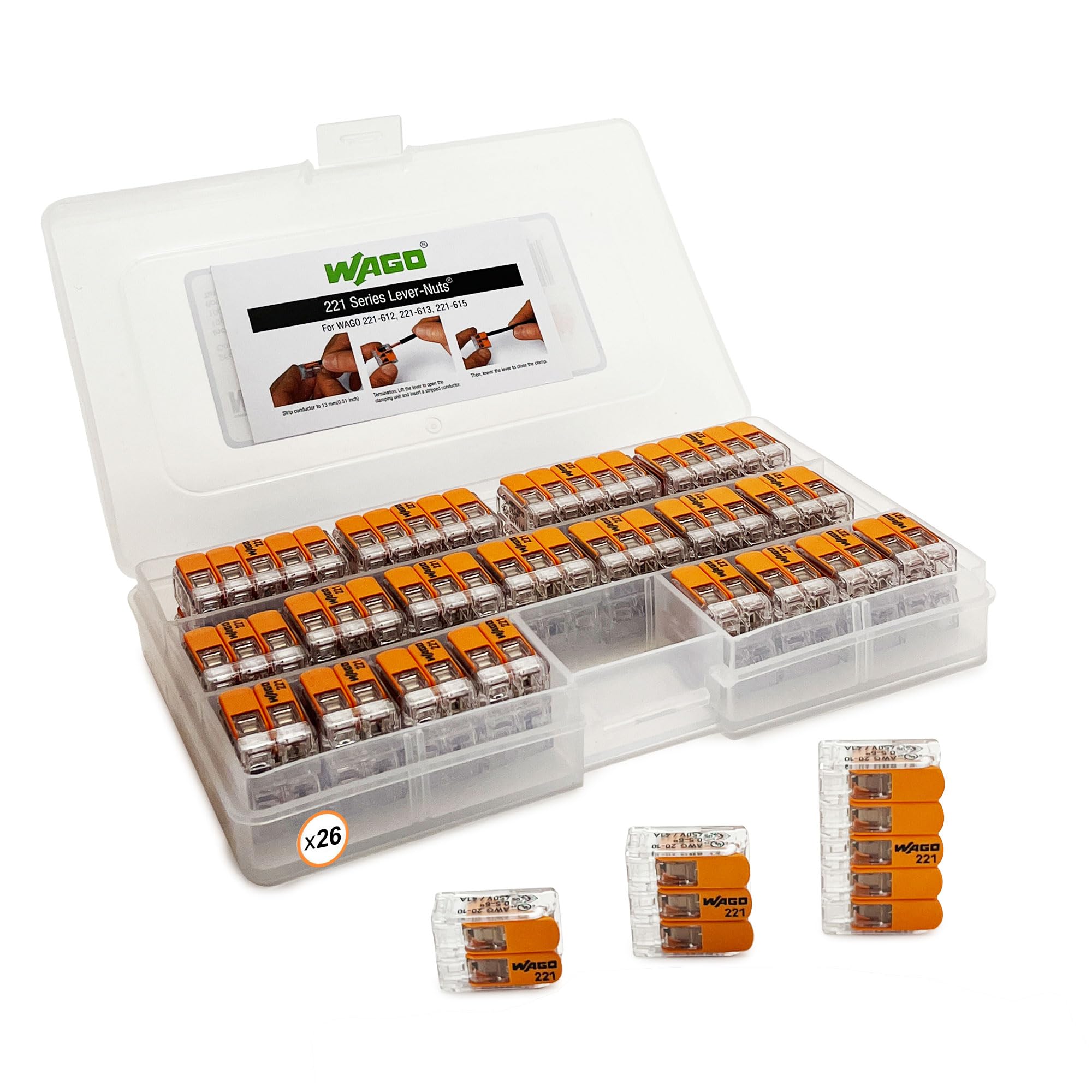 WAGO 221 Series 26pc 10 AWG Compact Splicing Wire Connectors | Includes (10x 221-612), (10x 221-613), (6X 221-615) | WAGO Wire Connectors | 221 Series 10 AWG Lever Nuts | (2-Port) (3-Port) (5-Port)