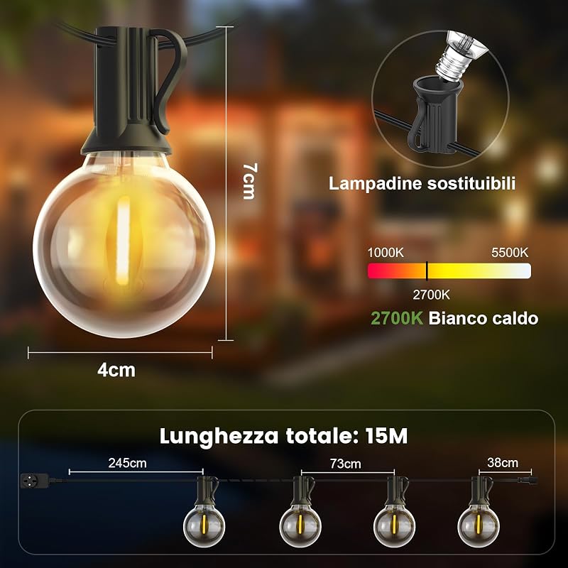 Yuusei kültéri LED kerti fényfüzér 15 m dimmeres szabályzóval IP45 vízálló 18 db plusz 1 G40 törésálló gömb izzóval pavilonhoz teraszra