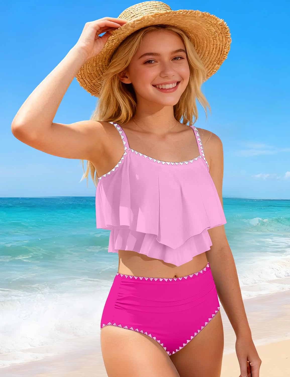 Girls Swimsuit Bikini Set 2 Piece Bathing Suit Tiered Ruffled Contrast Trim Adjustable Straps Girls Swimwear 9-16Y