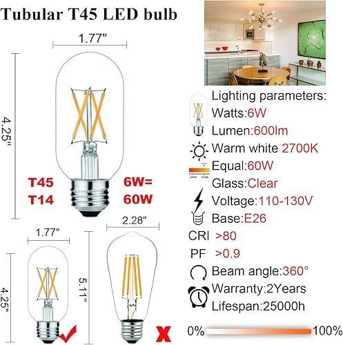 Miniatura 6 de LiteHistory Paquete de bombilla LED E12 regulable G16.5 y bombilla E26 Edison blanco cálido 2700 K T45 bombilla LED AC120V 600LM para colgante,