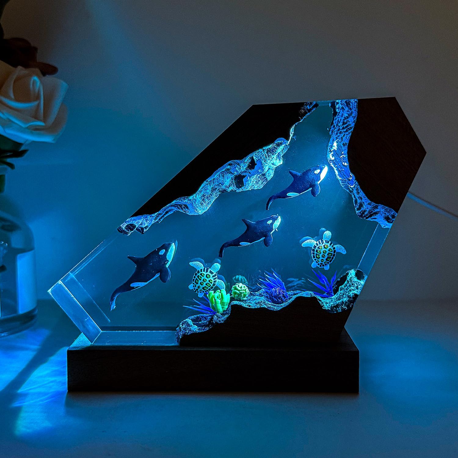 Orca Resin Ocean Lamp,Sea Turtle Resin Night Light,Handmade Table Lamp with Wood Base,Marine Life Decor for Bedroom Office,Sea Turtle Gifts for Father Boy, Unique Orca Gifts for Women & Men (6"x4")