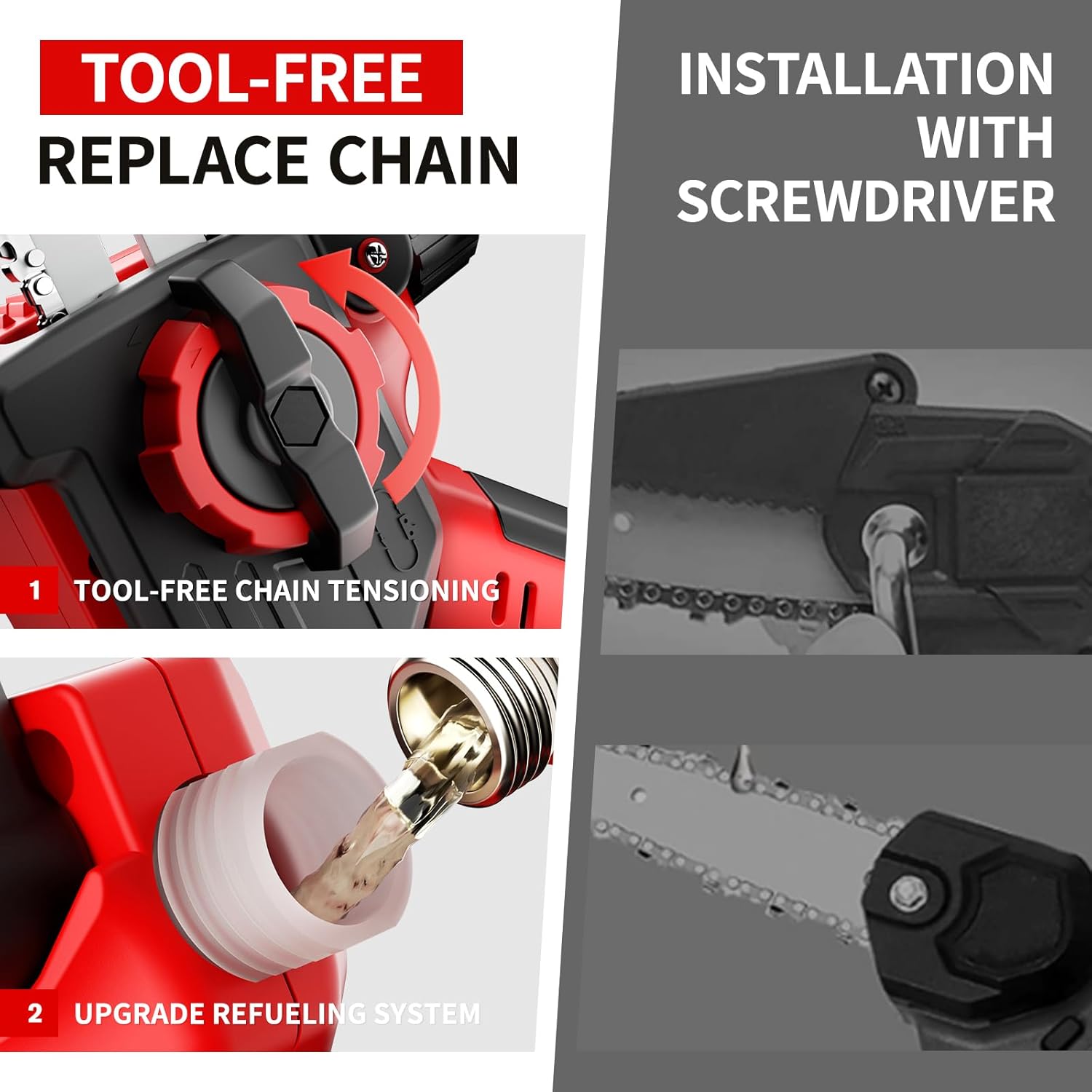 Motorlu testerenin aletsiz zincir gerdirme mekanizmasının ve yağ doldurma portunun yakın çekim görüntüsü.