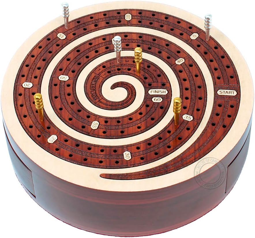 House of Cribbage - Spiral Shape 2 Track Non-Continuous Cribbage Board - Push Drawer Storage for Pegs and 1 Deck of Cards with Score Marking Fields for Won Games (Maple Wood/Bloodwood)
