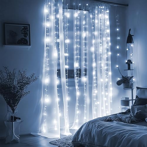 Miniatura 5 de Tira de luces de cortina luces LED de Navidad para decoración de pared de interiores y exteriores blanco frío