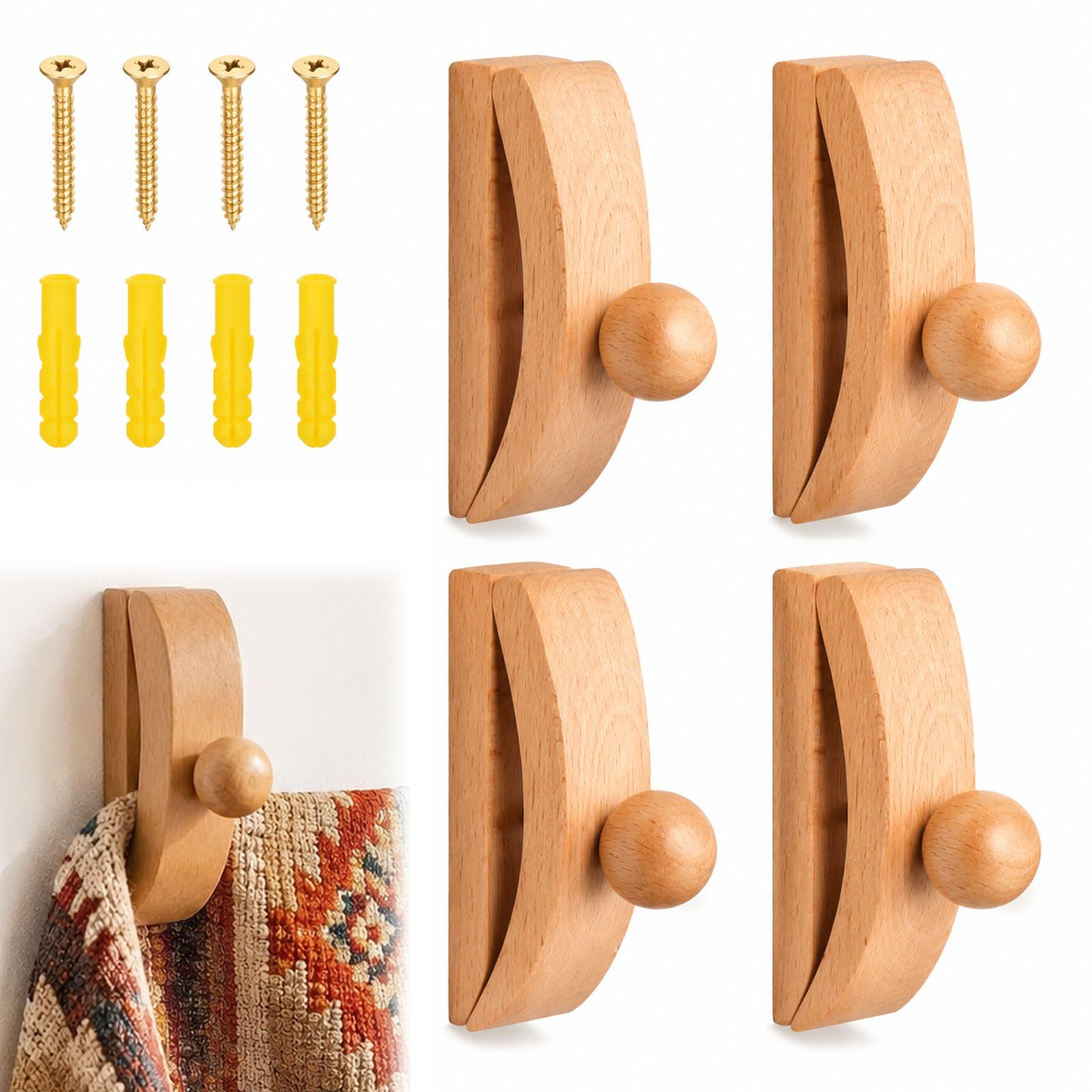 4 Pcs Tapestry Hangers Wooden Tapestry Tongs Wall Hooks for Hanging Rugs