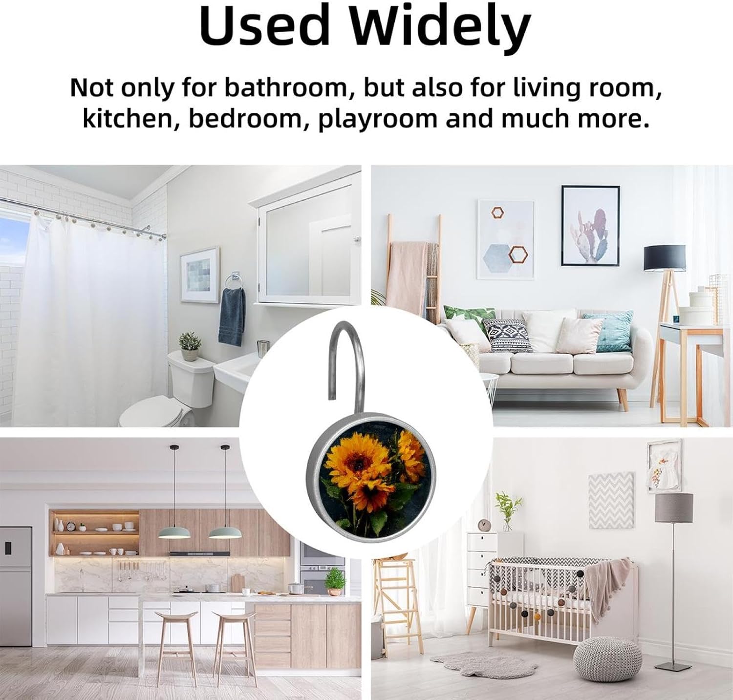12PCS Oil Painted Sunflowers (1) Shower Curtain Hooks Metal Rust Resistant Decorative Shower Curtain Hooks Bathroom Decorations