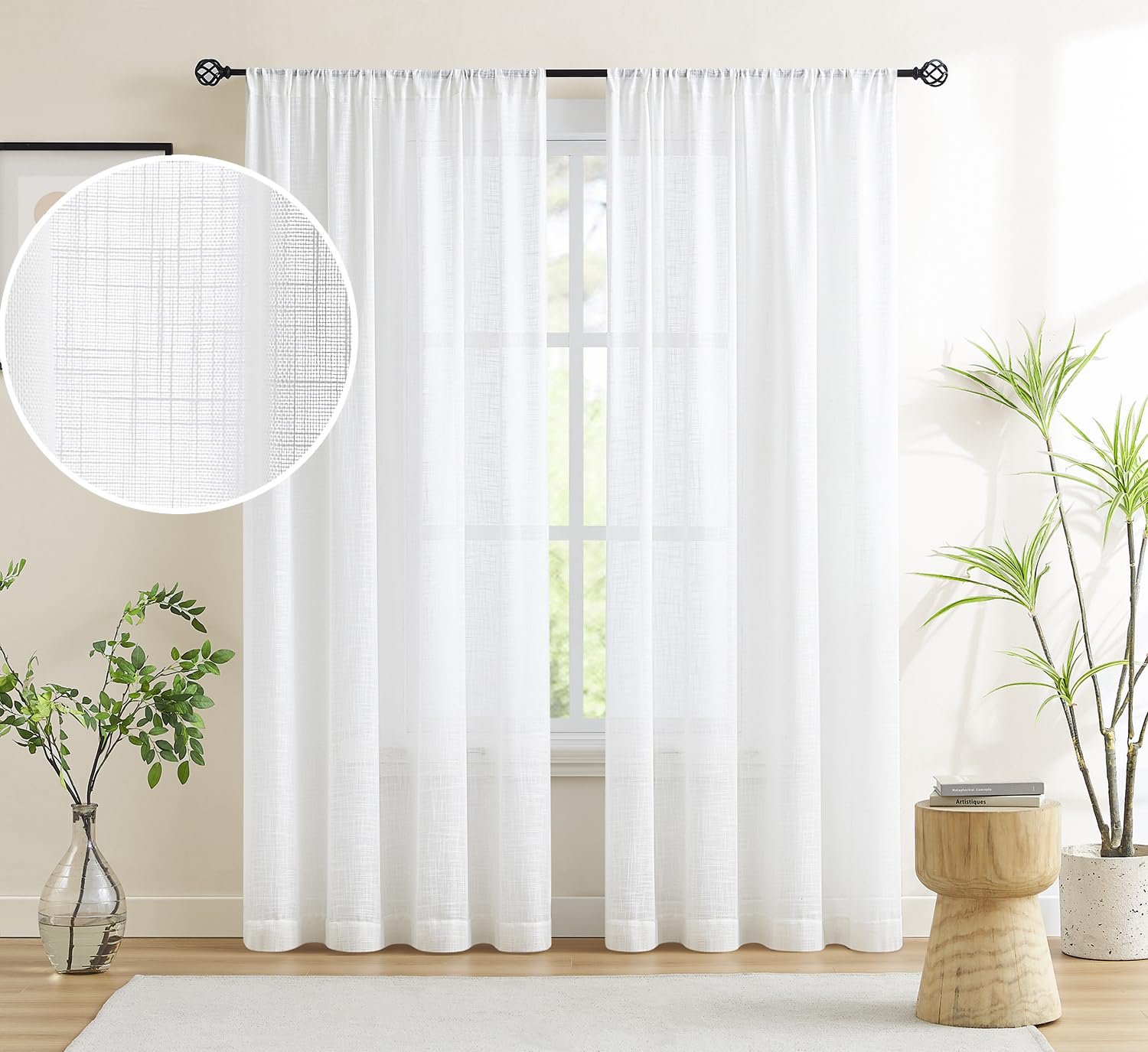 Treatmentex White Sheer Curtains for Bedroom Living Room Not See Through Privacy Linen Textured Window Curtain Set 84-inch Long 54”w 2 Panels Rod Pocket