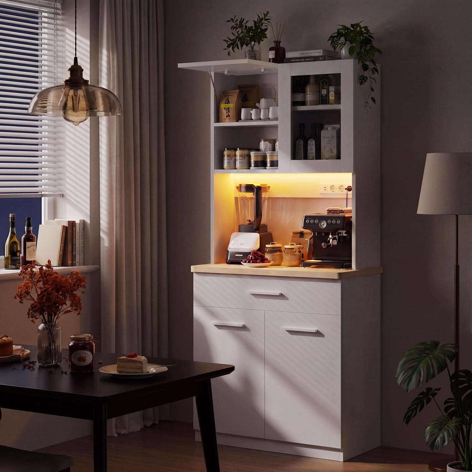 Devoko Mobile da cucina con piano di lavoro e presa elettrica, Credenza buffet LED con chiusura ammortizzata, Dispensa altezza regolabile con pannello posteriore rinforzato (Bianco)