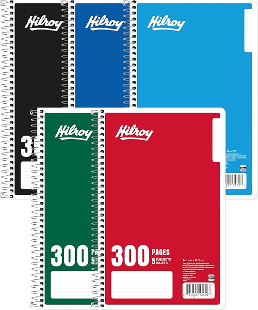 Hilroy 5-Subject Un carnet de bobines, 6" x 9.5", Largement réglementé, 300 Pages/150 Feuilles, 1 Notebook, couleur mai Varie (13402)