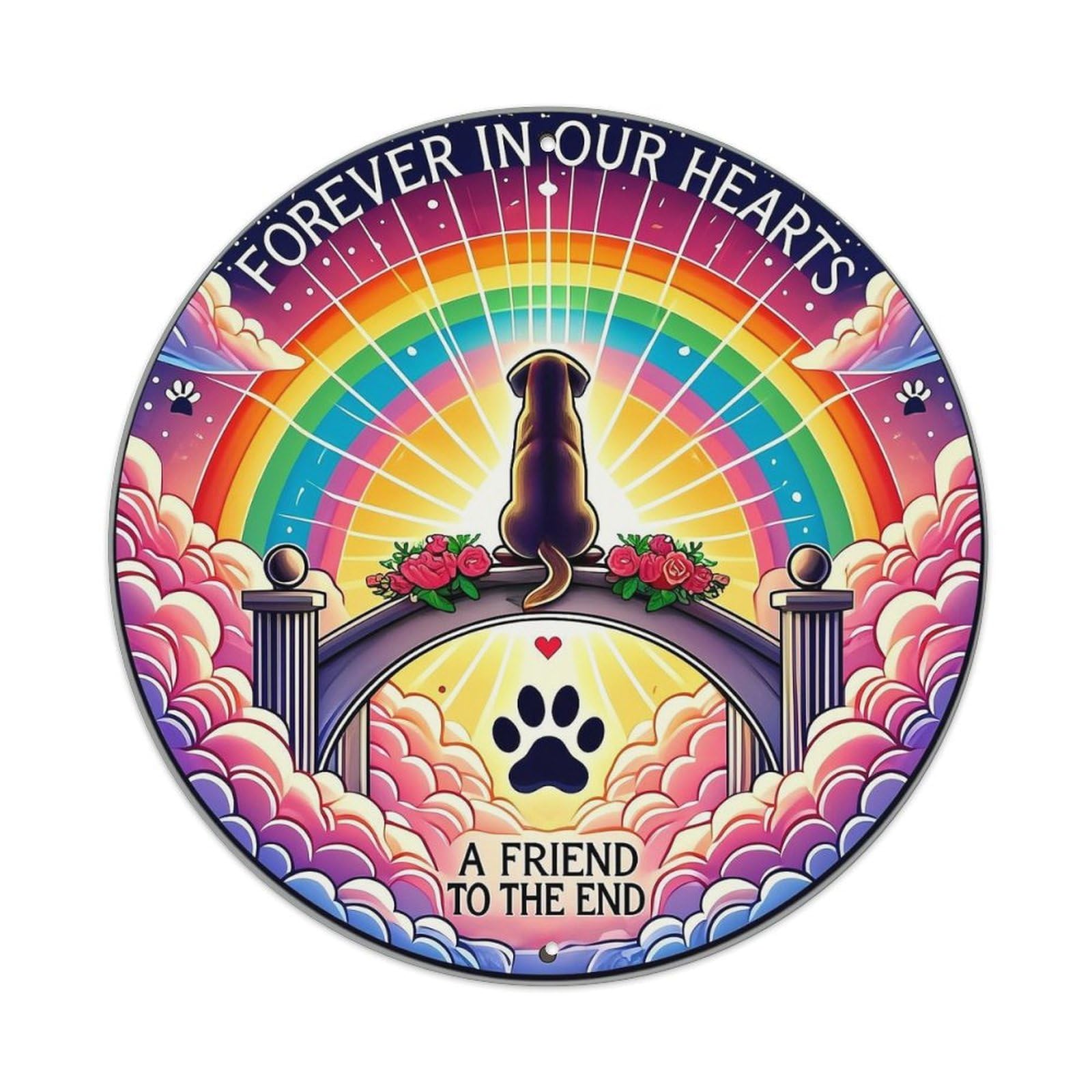 Rainbow Bridge Dog Paw Print Clouds Retro Metal Sign Round Tin Sign, Vintage Decor Art Poster for Bar, Home, Man Cave, Kitchen, Laundry Room Gift 8x8Inch