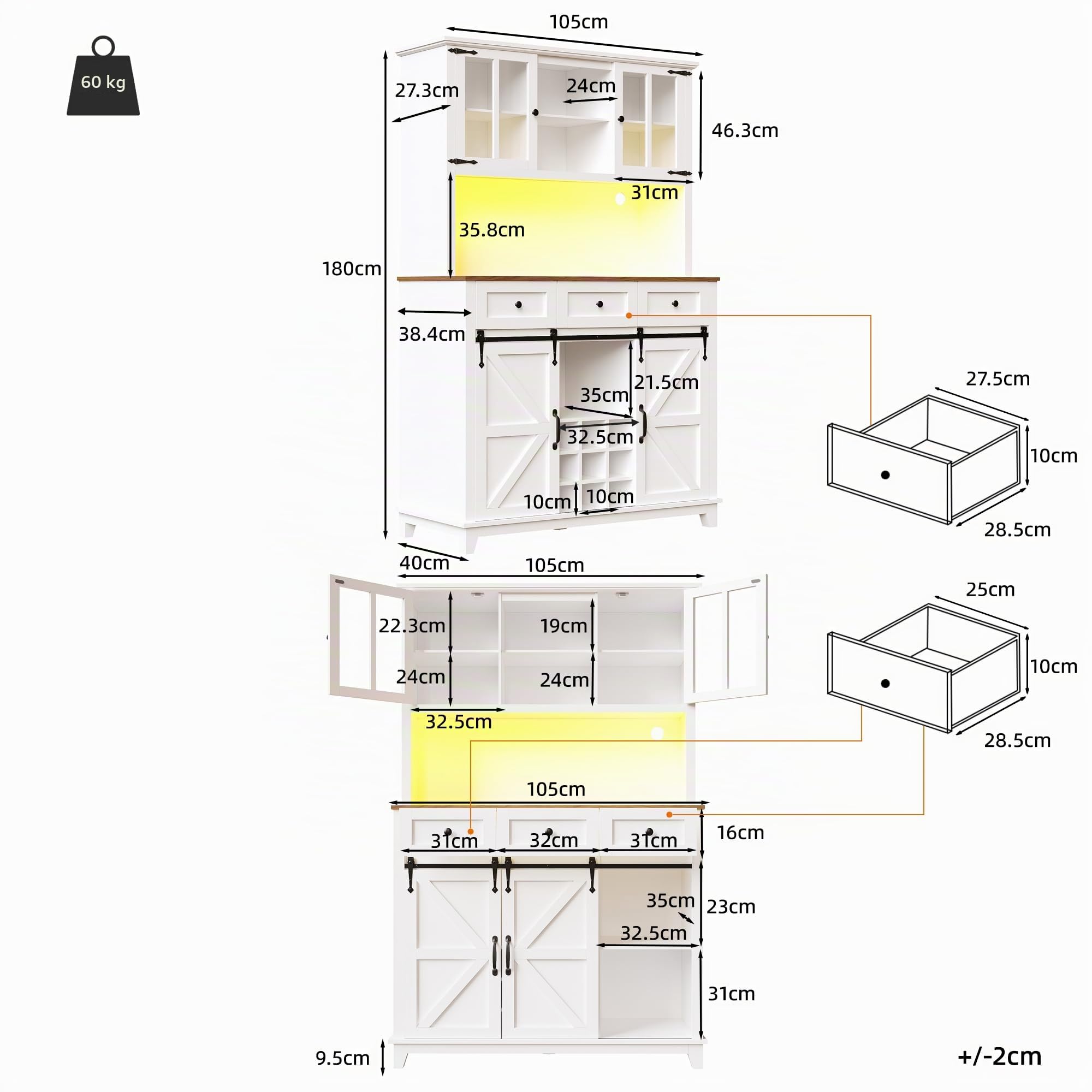 Küchenschrank mit Verstellbaren Ablagen und LED-Beleuchtung, Buffetschrank Hochschrank mit Weinregal und 3 Schubladen, Küchenschränke mit Arbeitsplatte, Küchenmöbel, Weiß, 105×38.4×180 cm