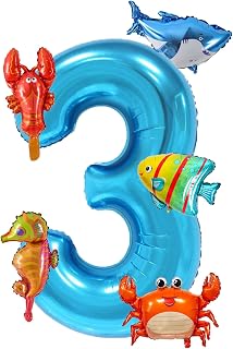 Mini Ocean Animal Foil Balloons Set, 40 Inch Under the Sea Blue Number 3 Balloon Decorations, Animail Balloons for Boys Girls Sea Theme 3rd Birthday Baby Shower Party Supplies