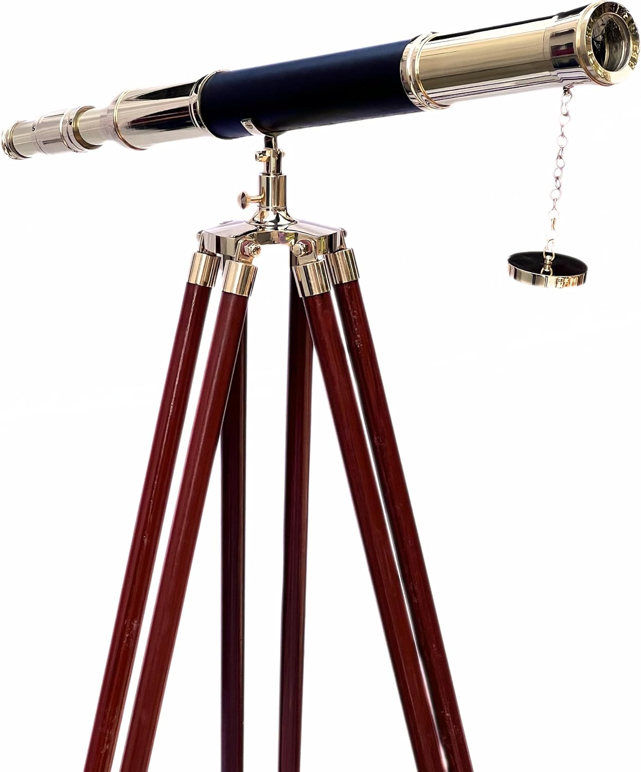Vintage Shiny Brass Single Barrel Telescope with Black Leather & Brass Finish – Floor Standing Marine Navy Telescope – Designer Home Decor & Collectible Item