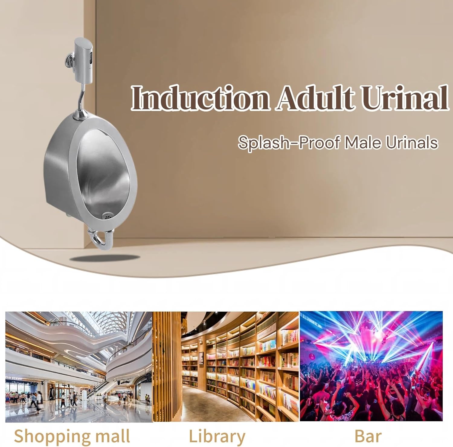 Stainless Steel Wall Mounted Urinal for Men, 304 Commercial Urinal, Deep Bowl Splash Guard Design, Fast Drainage System, Odor-Control Structure, Brushed Finish for Home, Office, Garage(Gold)