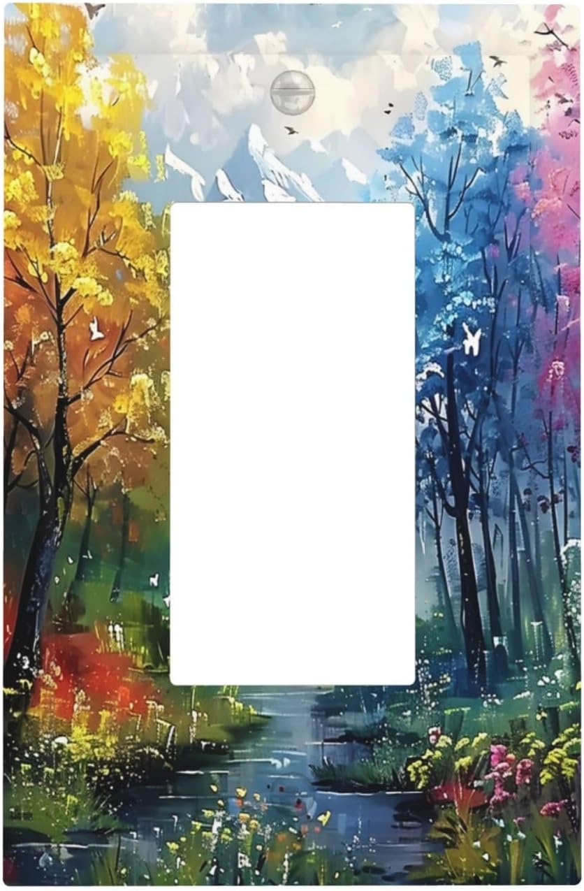 Colorful Forest Snow Mountain River Oil Painting Style Decorative Outlet Covers 1 Gang Single Rocker Light Switch Cover Plate Wall Plates GFCI Faceplate for Bedroom Living Room Decor