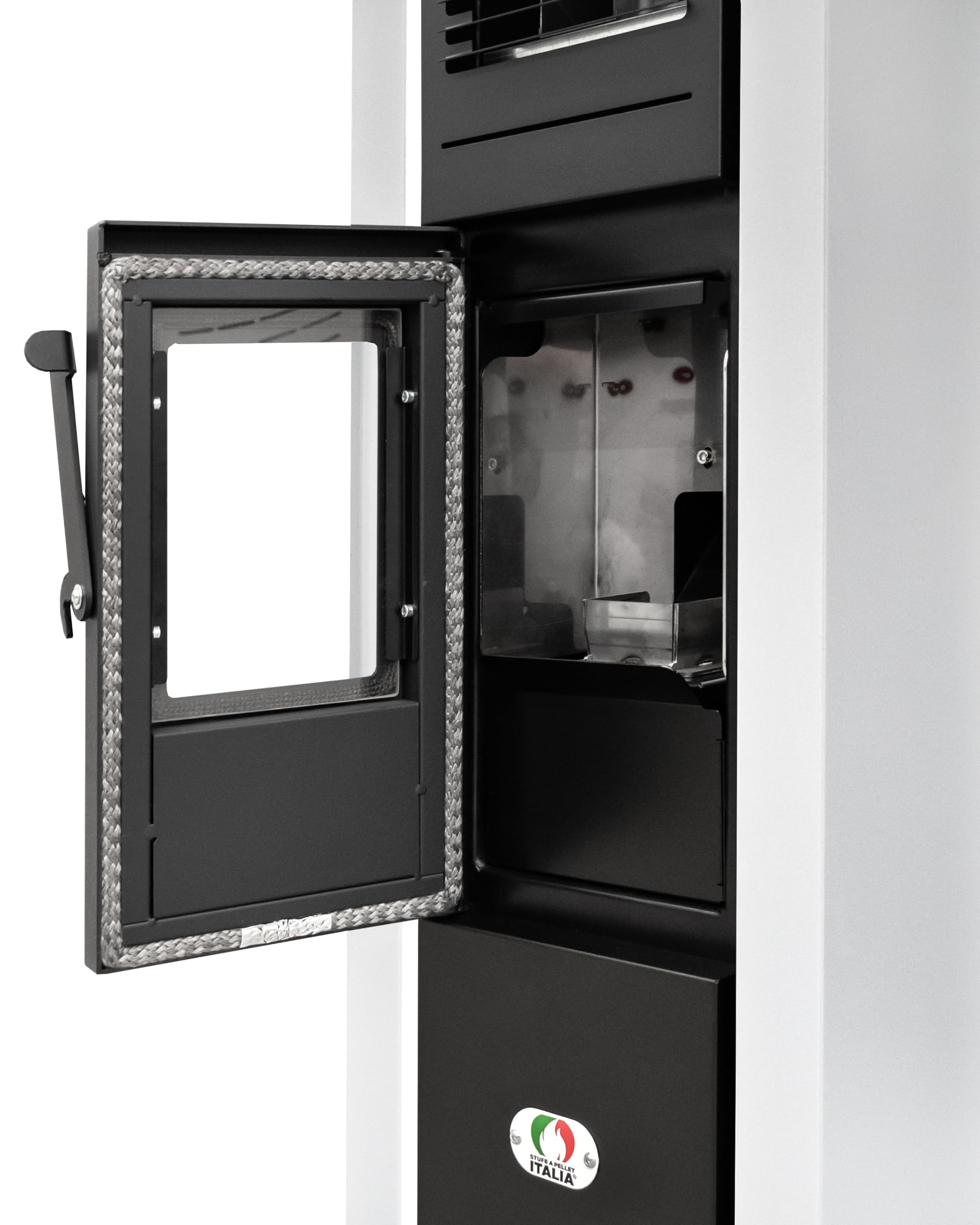 STUFE A PELLET ITALIA Colonna 10 Kw – Estufa de aire ventilado, eficiencia 85%, 80 m², diseño compacto, programable, 5 velocidades, 24 meses garantía, blanco
