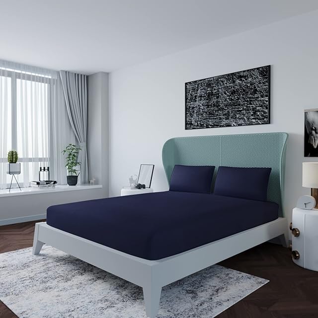 LivinEase 200 Thread Count King Size Fitted Sheet -10inch(26cm) Deep Poly Cotton Fitted Sheets -Bobble Free, Soft & Comfortable Navy King Size Bed Sheets (Wash Separately)