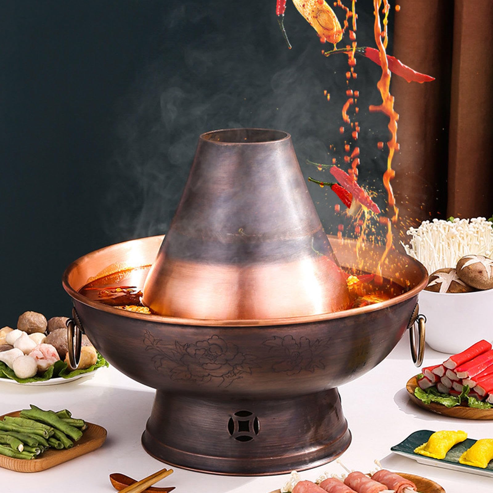 UNYQBFKM Charcoal Shabu Copper Hot Pot Chinese Old Beijing Shabu Shabu Pot, Outdoor Cookware Picnic Stove Cooking Pot, Stew Pot Cheese Fondue for Hiking Home Camping Picnics Parties,B-40cm