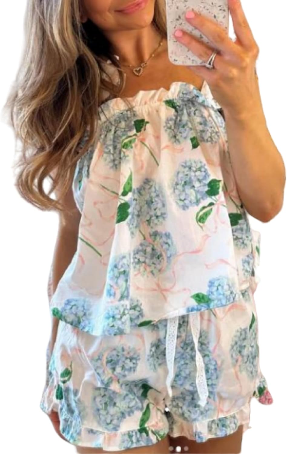 Women Floral Tie Shoulder Pajama Set Tie Straps Ruffle Trim Tank Top and Shorts Pjs 2 Piece Sleepwear