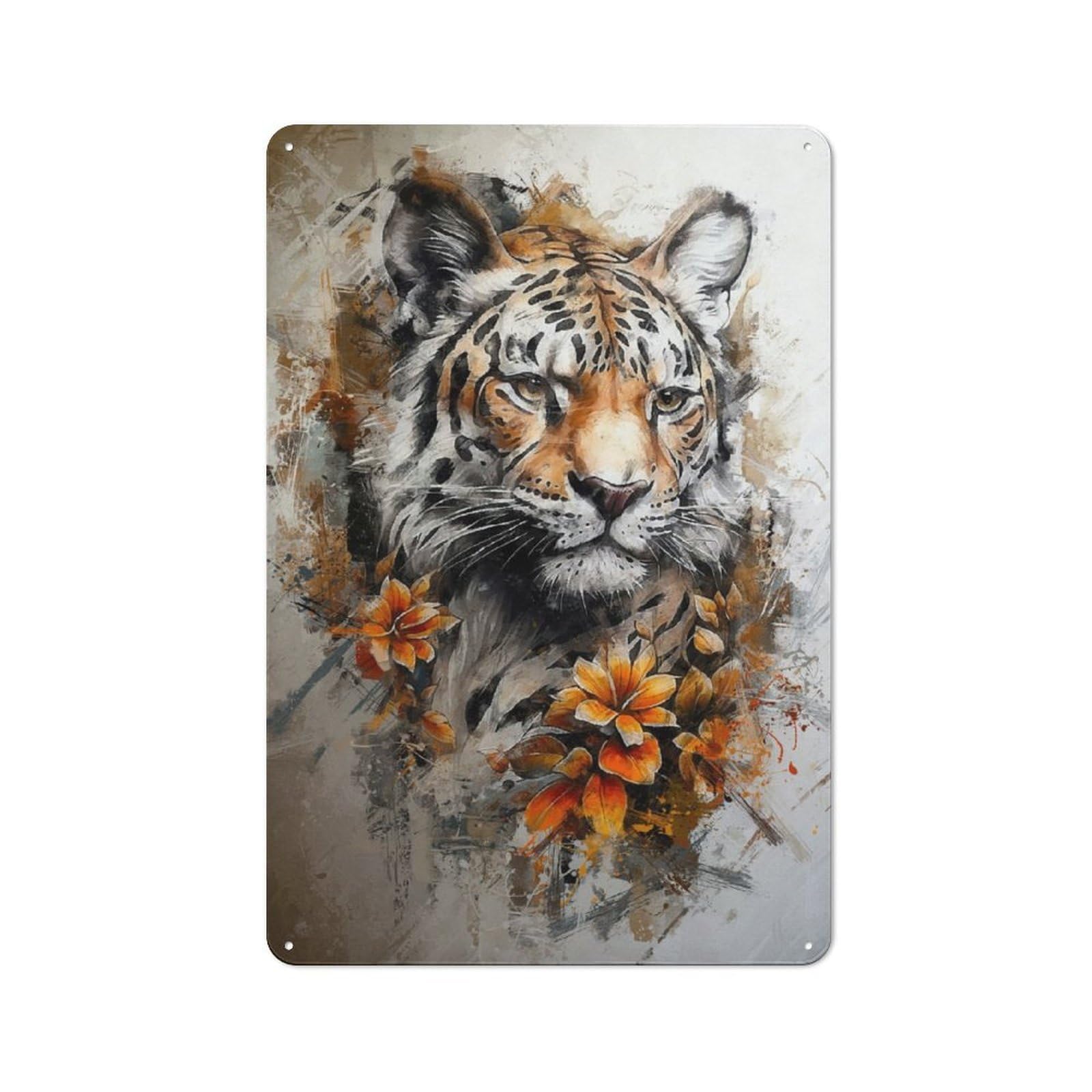 Junmoney Floral Tiger Workshop Style Metal Wall Decor 30X20cm, Decorative Metal Plaque For Garage, Workshop, Shed Or Utility Room